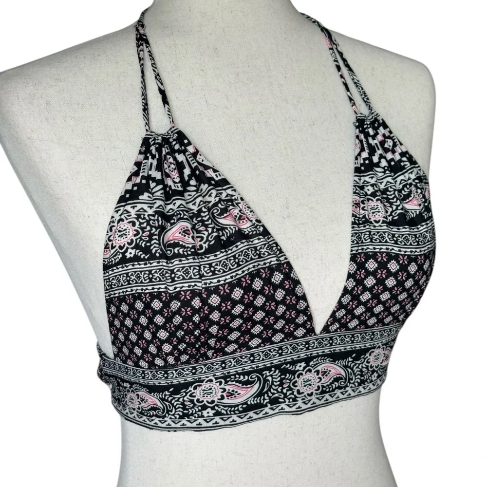 Cotton Candy LA Boho Print Tie-Back Halter Bralette Crop Top Size S - Picture 2 of 6